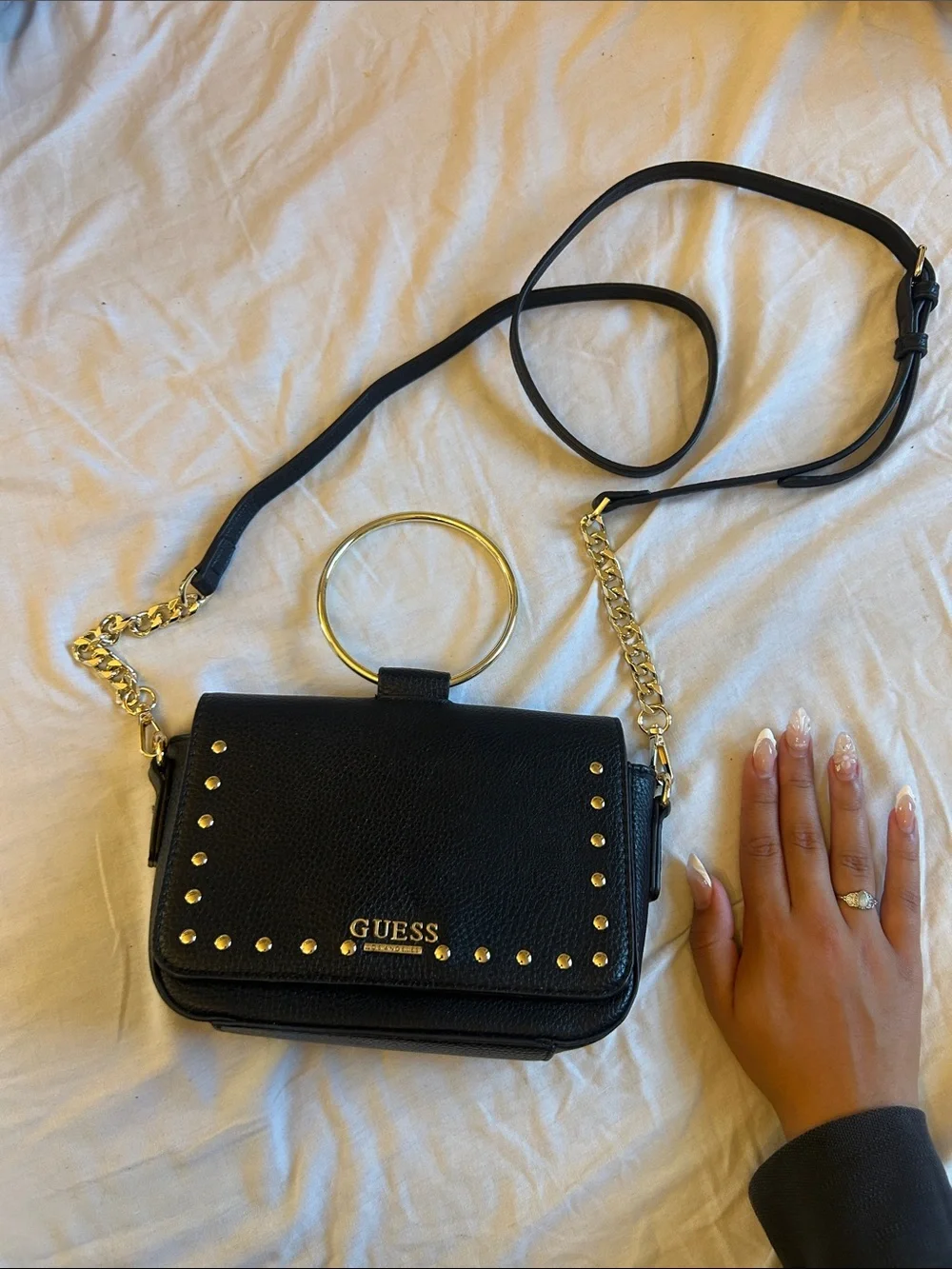 GUESS Black Leather Crossbody with Gold Ring Handle and Studs